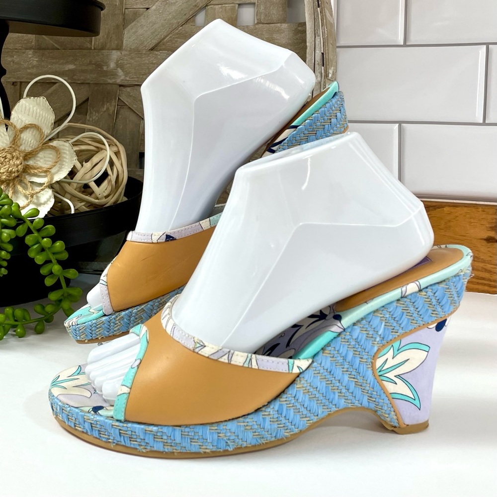 Emilio Pucci Tan and Light Blue Woven Wedge Sandals